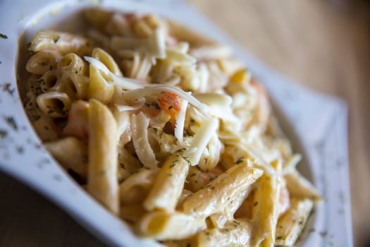 Penne Alfredo with Shrimp shot close up
