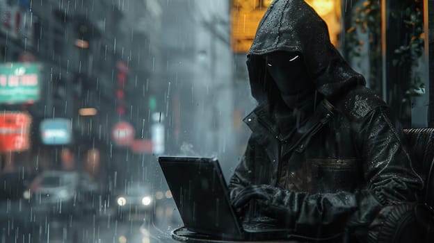 Masked data thief hacking computer network at night, working on laptop and multiple monitors to steal IT information. Hacker with hidden identity, server security breach. Handheld shot. High quality photo