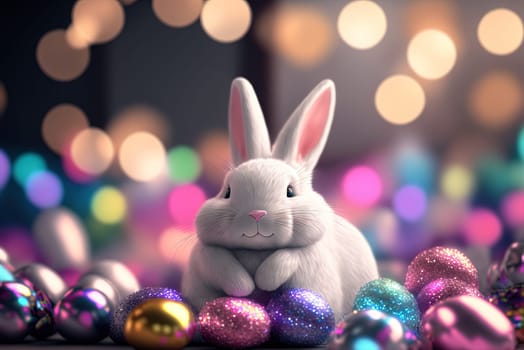 Easter rabbit with colorful holiday eggs. Cute fluffy bunny celebrating spring holiday