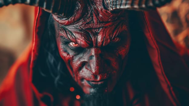 A close up of a demon with horns and red face