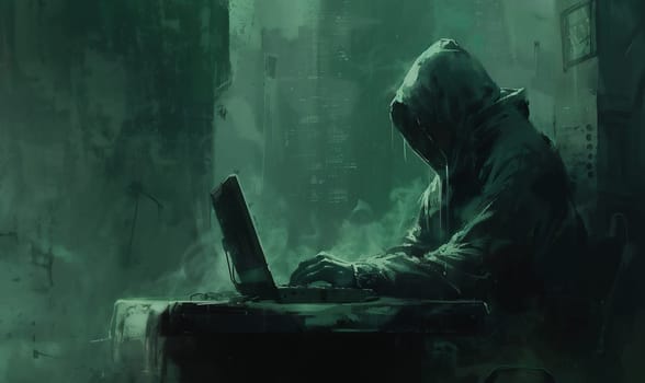 Masked data thief hacking computer network at night, working on laptop and multiple monitors to steal IT information. Hacker with hidden identity, server security breach. Handheld shot. High quality photo