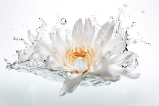 Flower in splashing water. Floral freshness concept with water drops for cosmetic, moisture and self-care packaging. Generated AI