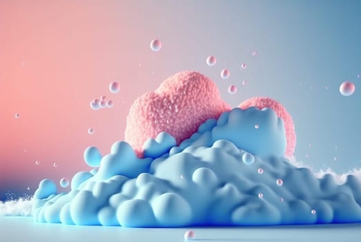 Abstract foam clouds with splashing forms and drops. Colorful foam cloud background. Generated AI