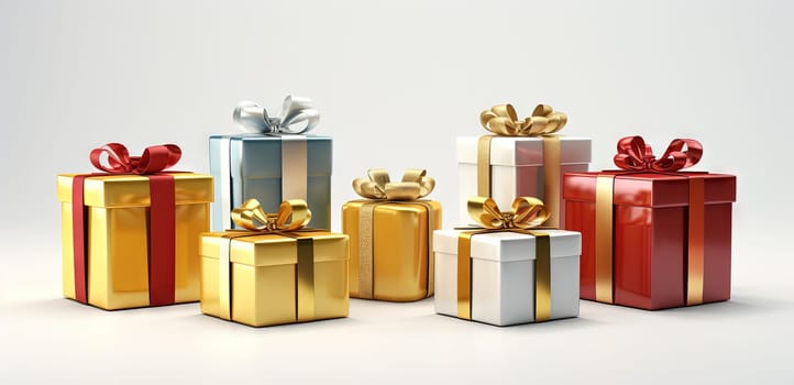 Set of gift boxes with ribbons, arranged for holidays or sale and discount event. Generated AI