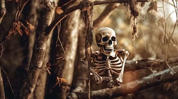 Scary skeleton in the forest on Halloween holidays. Spooky celebration invitation background. Generated AI