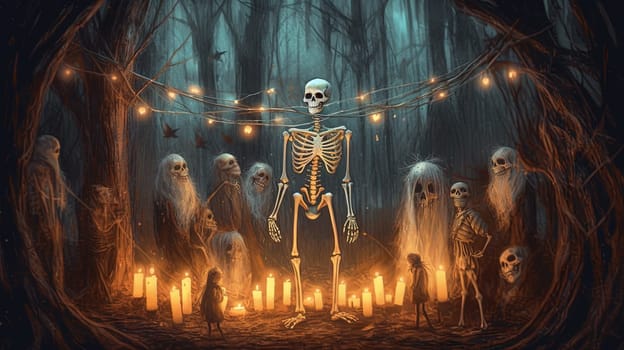 Skeleton holding the lamp in a dark forest during Halloween holiday. Dark art with monsters in the forest at fall. Generated AI