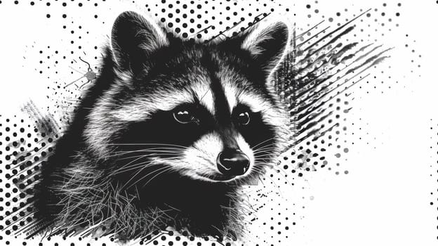 A black and white drawing of a raccoon's face