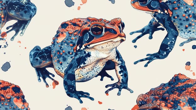 A pattern of a frog with spots and blue eyes on white background