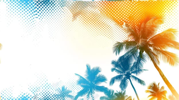 A colorful background with palm trees and a sun
