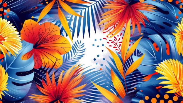 A colorful tropical pattern with bright flowers and leaves