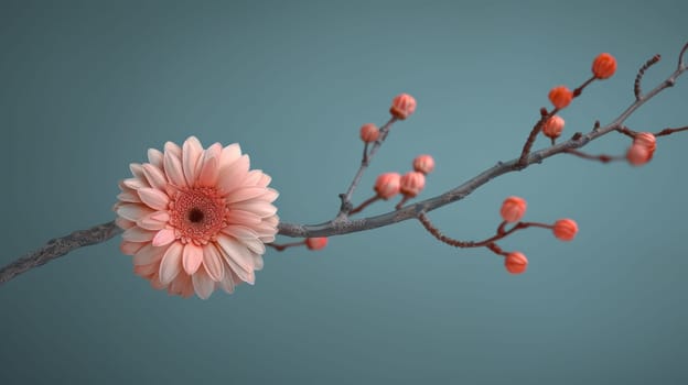 A close up of a flower on the branch with some buds