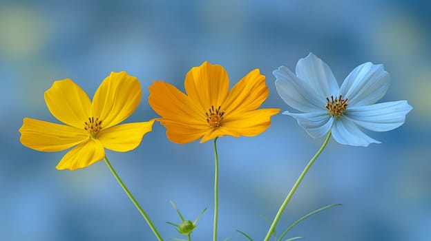 Three flowers are shown in a vase against blue sky
