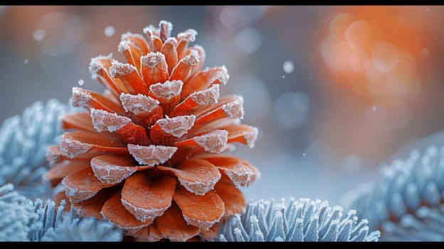Macro shot of frost on a pine cone, showcasing winter's intricate details.