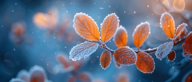 Frost-covered leaves on a brisk winter morning, symbolizing the beauty of the cold season.