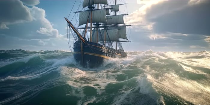 Ship in the stormy sea with huge waves. Giant stormy waves in the ocean and boat. Generated AI