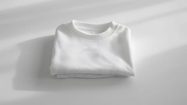 A folded white tshirt is elegantly placed on a white table, creating a minimalist still life composition. The monochrome photography captures the simplicity and elegance of the gesture