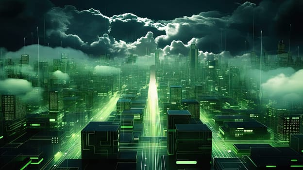 Concept of a digital city with cloud connections. Futuristic network in the clouds. Generated AI