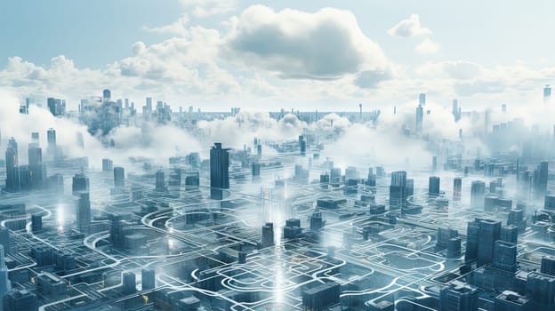 Concept of a digital city with cloud connections. Futuristic network in the clouds. Generated AI