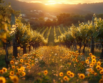 Golden hour sunlight filtering through a vineyard, creating a warm and inviting atmosphere.
