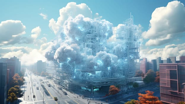 Concept of a digital city with cloud connections. Futuristic network in the clouds. Generated AI