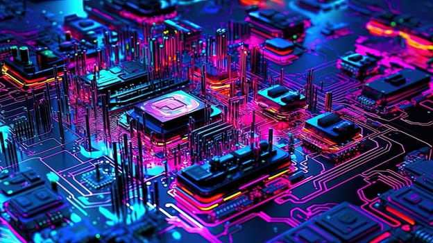 Motherboard with chips and connections in purple and blue neon lights. Technology background with microchips on hardware circuitboard. Generated AI