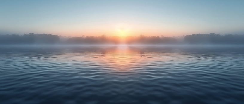 A blanket of fog over a calm lake at dawn, evoking a sense of mystery and tranquility.