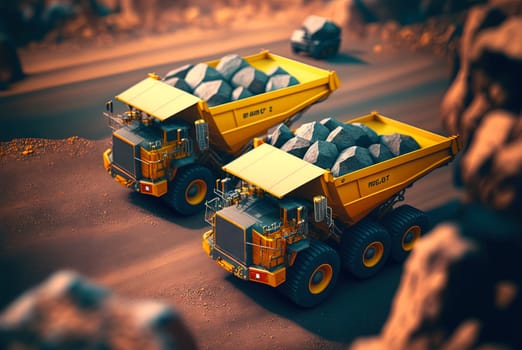 Dump truck for heavy industry mining. Ore or coal mining site with huge yellow vehicles. Industrial transport. Generated AI