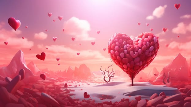 Valentine Day greeting card with surreal romantic landscape full of hearts. Generated AI