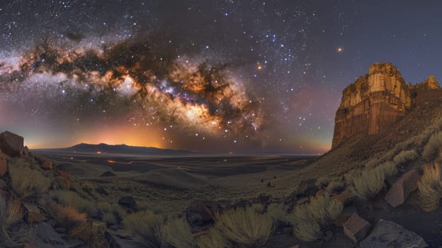 A view of a beautiful landscape with the milky way in it