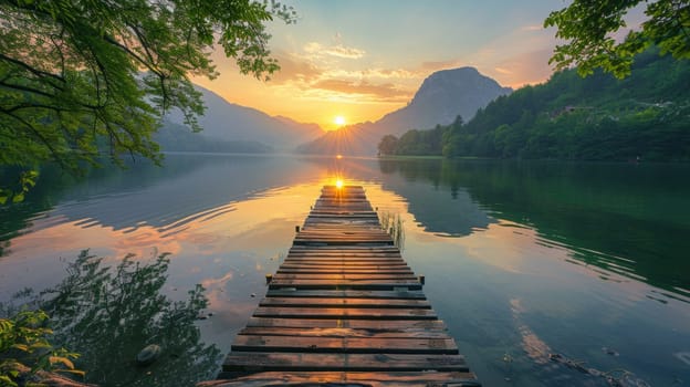 A wooden dock leading into a lake with the sun setting