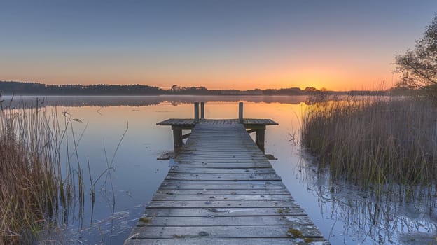 A dock leading into a lake with tall grasses and trees