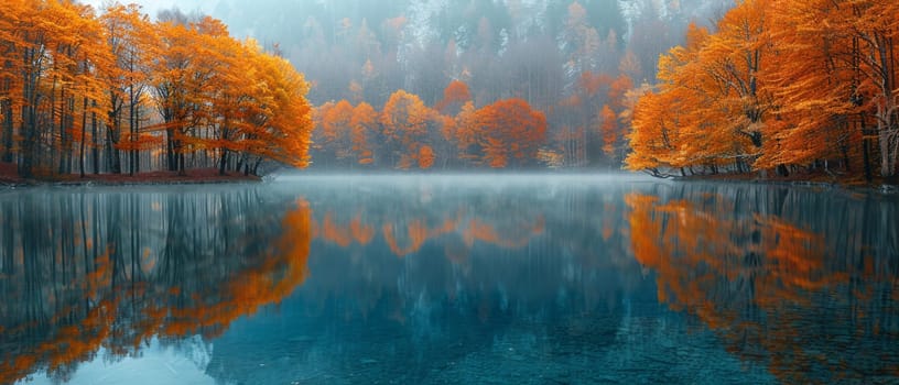 Reflections of autumn trees in a crystal-clear lake, creating a mirror image of nature's palette.