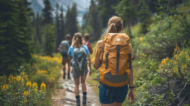 A group of people with backpacks walking down a trail