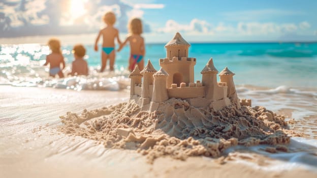 A sand castle on the beach with children playing in water