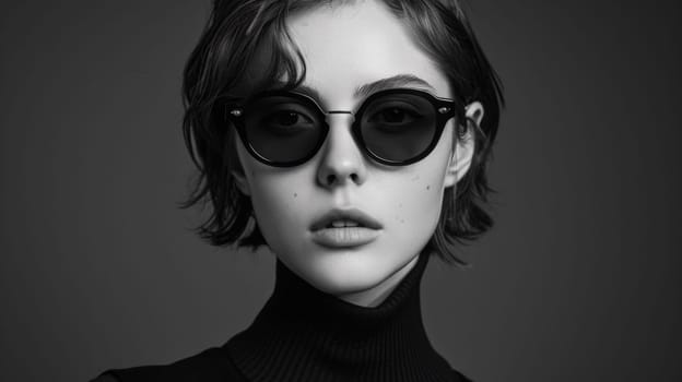 A woman with sunglasses and a turtle neck sweater
