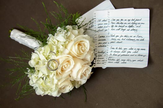 Wedding Bouquet With Rings And Vows presented right before the event