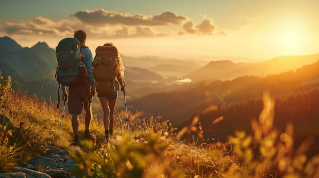 A couple of people with backpacks hiking on a mountain