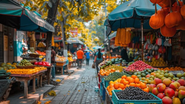 A street with a lot of fruit and vegetables on display