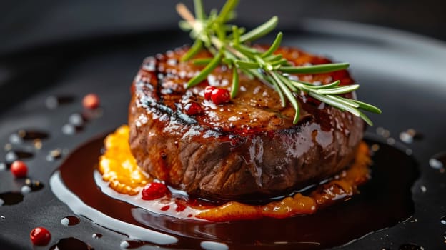 A close up of a piece of meat with sauce and rosemary