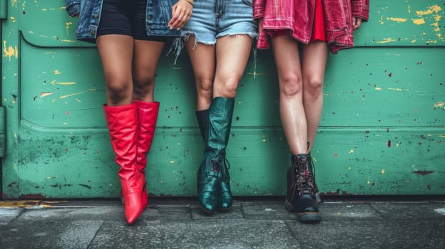 Three women in short shorts and boots standing next to a green door