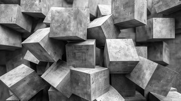A black and white photo of a bunch of concrete cubes