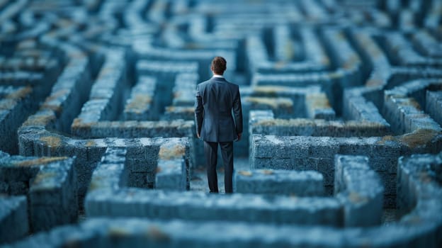 A man in suit standing at the edge of a maze