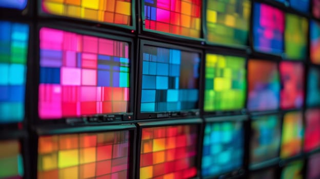 A large number of television screens are shown in a pattern