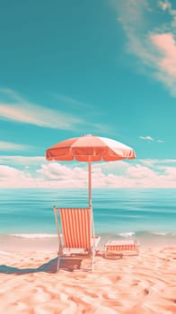 A beach chair and umbrella on the sand with a view of ocean