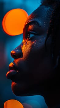 A close up of a woman with her eyes closed and some lights
