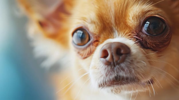 A close up of a small dog with big brown eyes