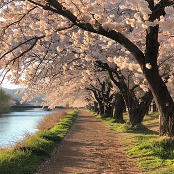 A path lined with cherry blossoms in full bloom, representing renewal and beauty.