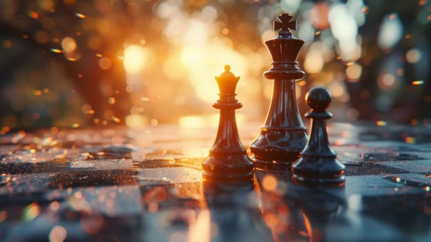 A group of chess pieces on a table with sun shining through