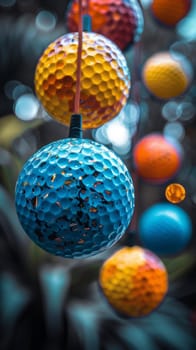 A bunch of colorful balls hanging from a string in the air