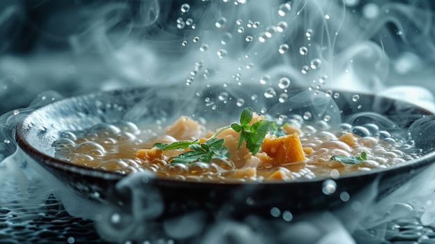 A bowl of soup with steam coming out from it